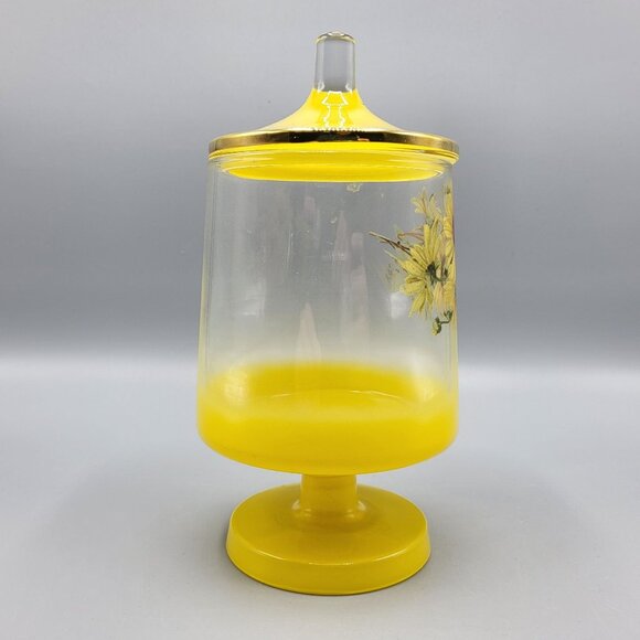 Vintage MCM Footed Glass Vanity Jar with Lid Yellow Floral Sunflower Home Decor - Picture 5 of 12